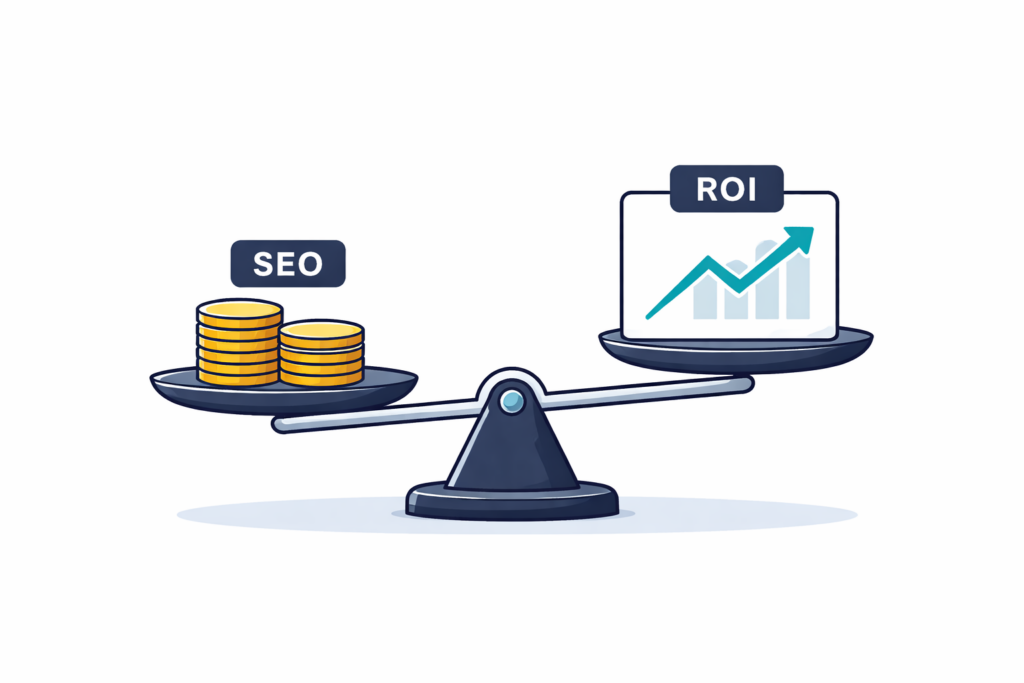 Minimal illustration of a balance scale weighing SEO coin stacks against an ROI upward trend chart on a white background.