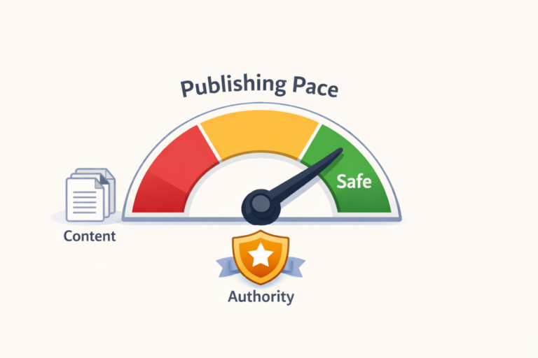 Gauge labeled "Publishing Pace" pointing to a green safe zone, with a content document stack and an authority badge icon.