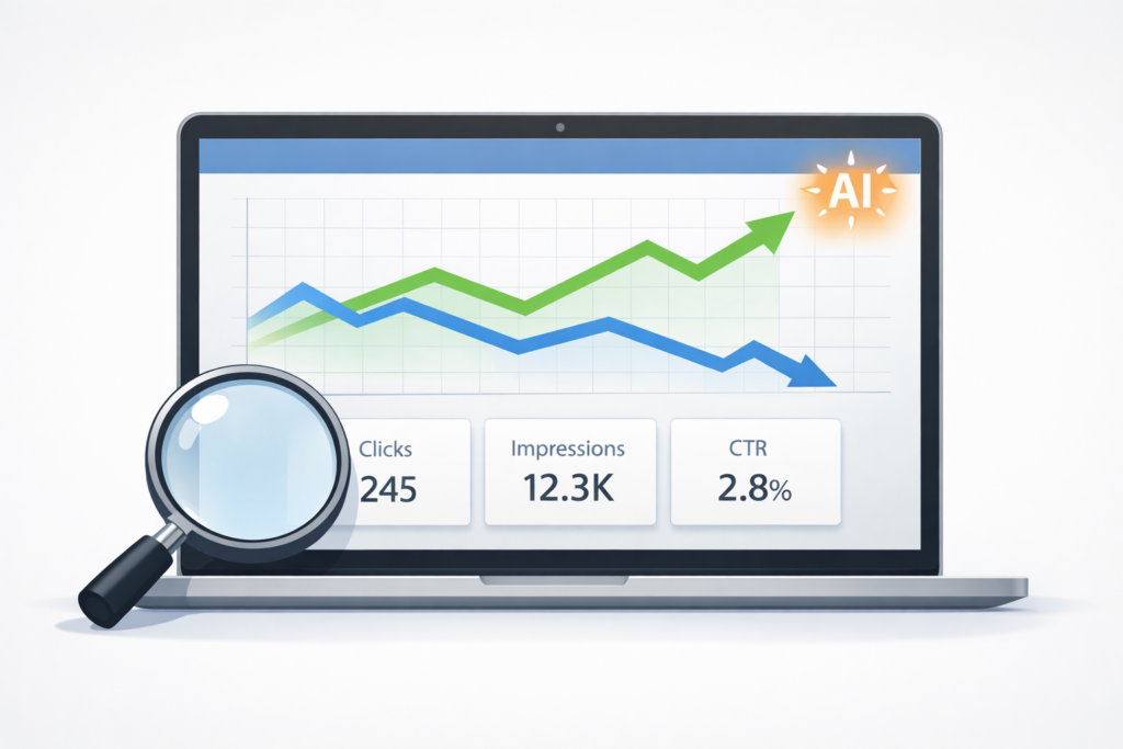 Laptop showing a search performance dashboard with a rising impressions line, a falling clicks line, a magnifying glass icon, and a small AI spark symbol.