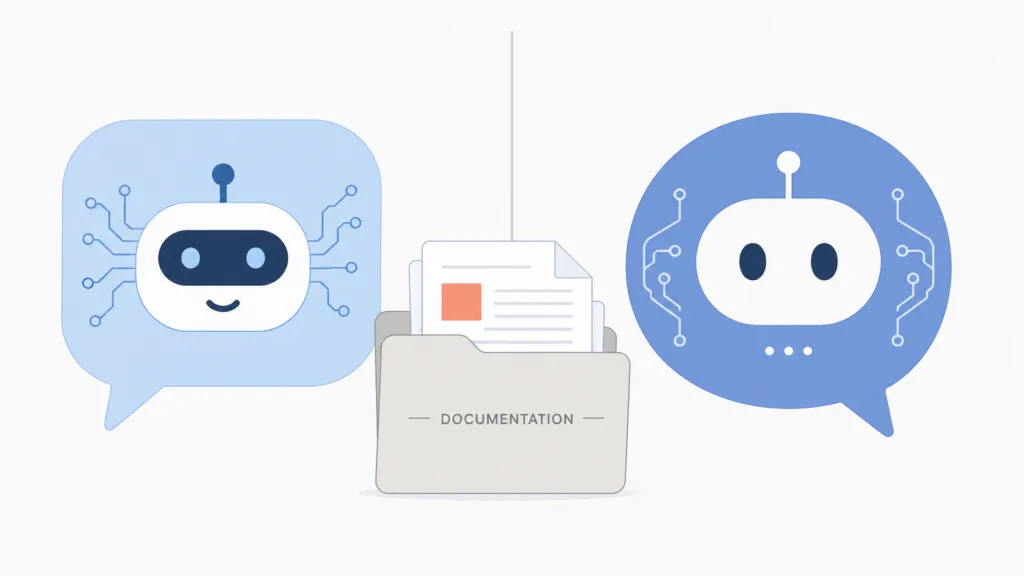 Split-screen illustration of two AI assistant chat icons with a central folder labeled Documentation, representing switching AI tools for business workflows