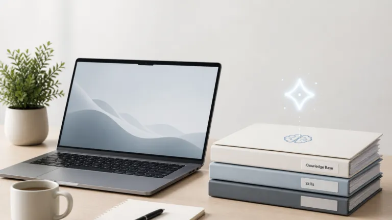 Clean minimalist desk scene with an open laptop beside a stack of labeled binders (“Knowledge Base” and “Skills”) and a small glowing AI sparkle icon above the top binder, with a plant, coffee mug, and notebook in soft neutral lighting.