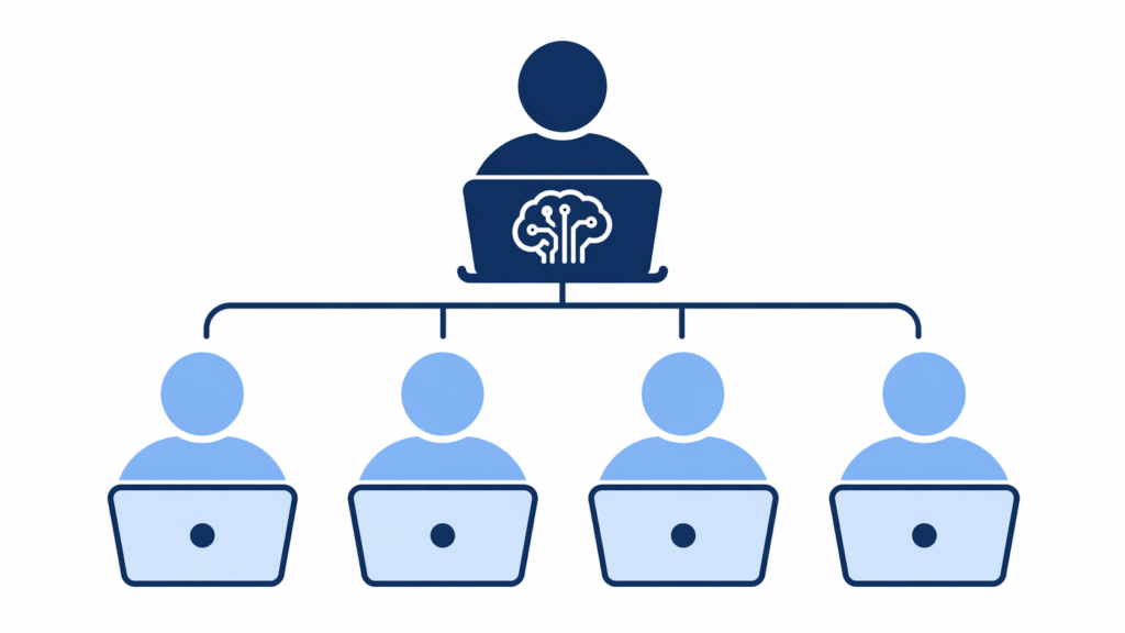 Minimal vector org chart showing one central person using an AI laptop connected to four teammates using laptops.