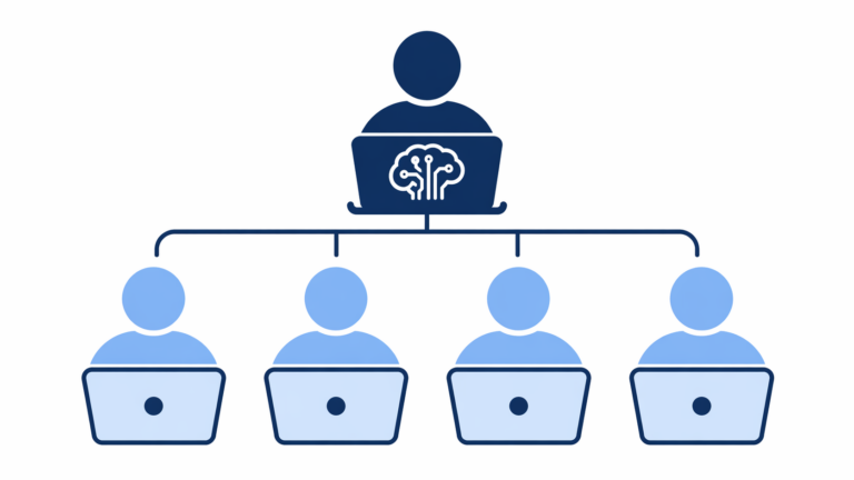 Minimal vector org chart showing one central person using an AI laptop connected to four teammates using laptops.