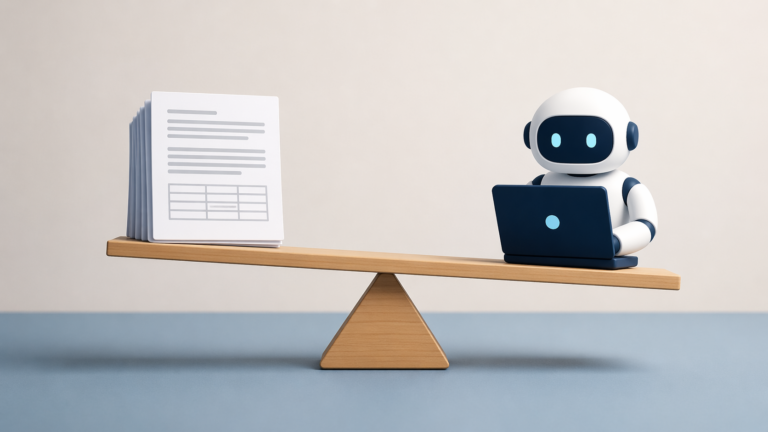 Minimalist balance scale showing paper documents on one side and a robot working on a laptop on the other.