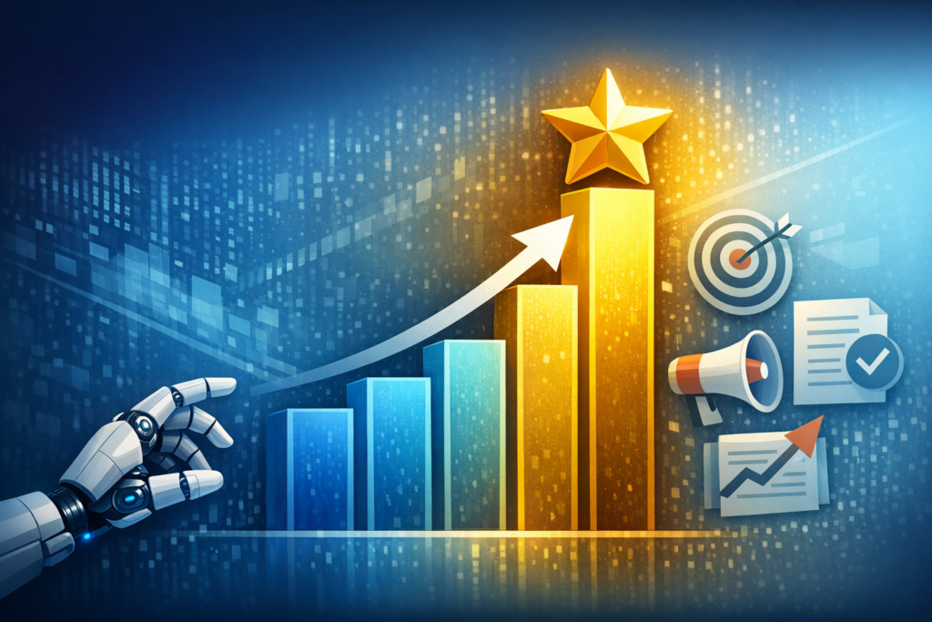 Illustration of a rising bar chart with an upward arrow and a robotic hand reaching toward it, with simple marketing icons on the side.