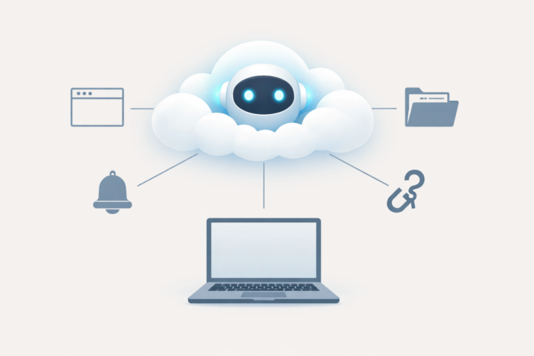 Glowing AI orb in a cloud connected by lines to browser, folder, notification bell, and webhook icons above an idle laptop.