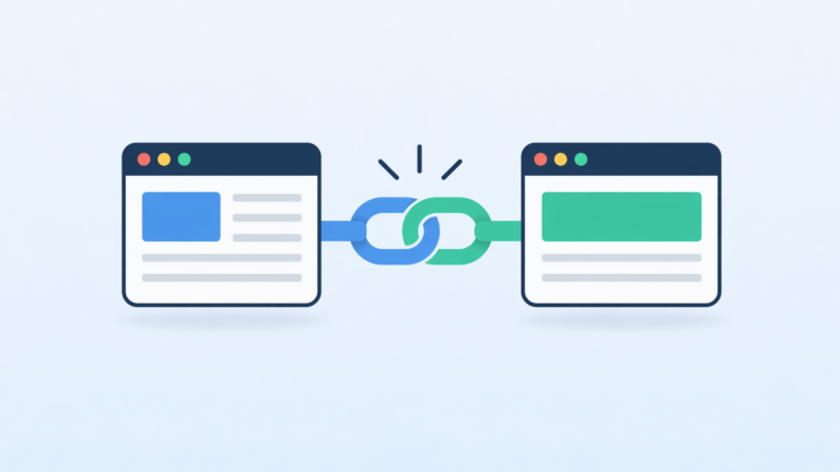 Two browser windows connected by a chain link icon, representing a backlink connection.