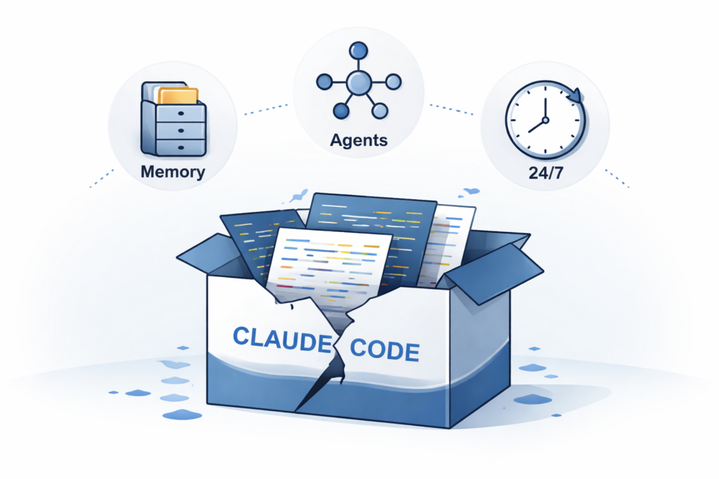 Cracked software box with code pages spilling out and icons for memory, agents, and 24/7 operation above it.