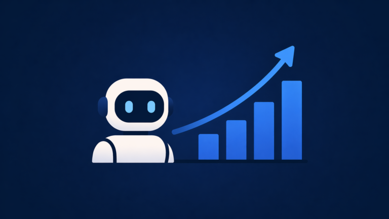 Minimalist robot beside a rising bar chart with an upward arrow on a dark blue background.