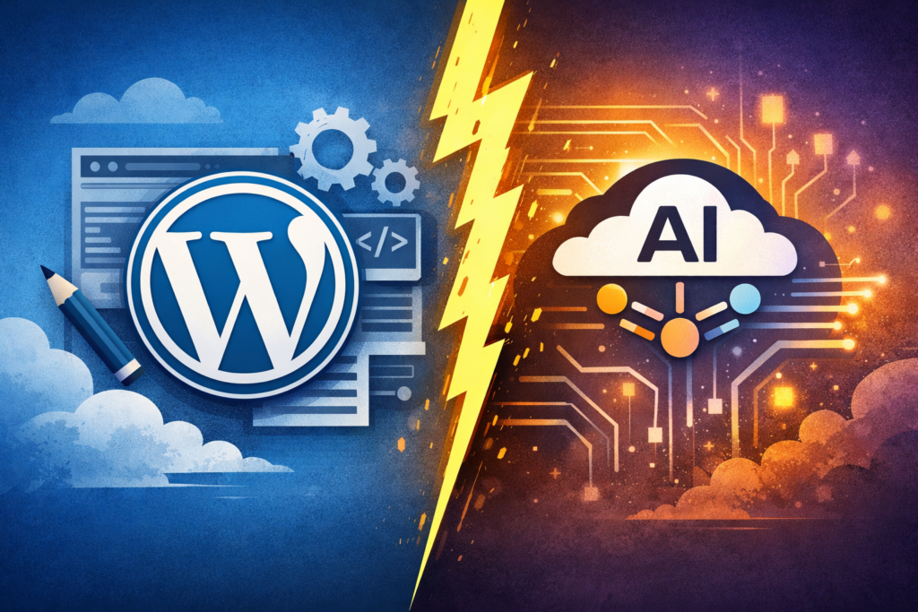 Split-screen illustration comparing WordPress on the left with an AI cloud and circuit-like serverless theme on the right, separated by a lightning bolt.