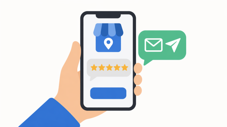 Hand holding a smartphone showing a five-star rating bubble and a message icon on a clean background.