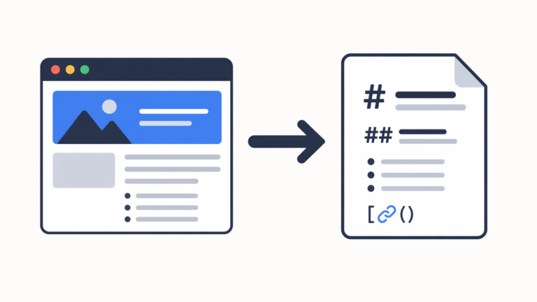 Browser window converting into a markdown document icon with an arrow between them