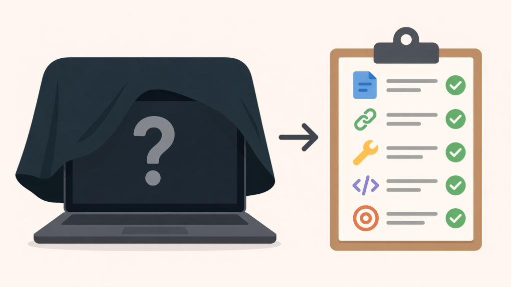 Illustration of a covered laptop with a question mark pointing to a clipboard checklist with completed items, representing transparency in work.