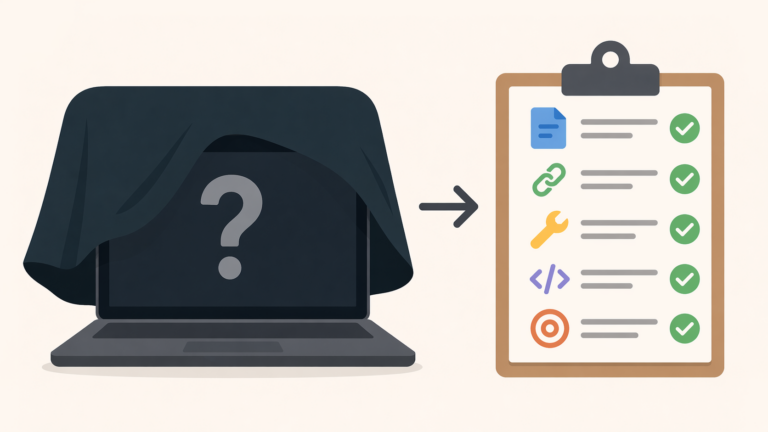 Illustration of a covered laptop with a question mark pointing to a clipboard checklist with completed items, representing transparency in work.