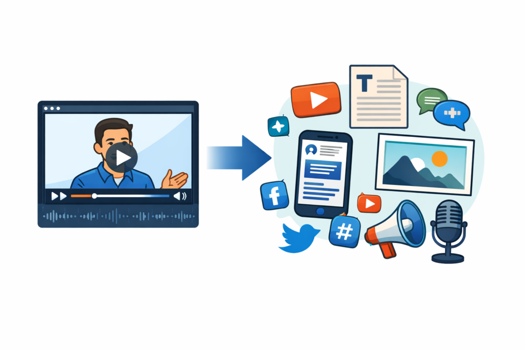 Illustration of a video player turning into multiple content formats, shown by an arrow pointing to icons like a document, social post, microphone, and megaphone.