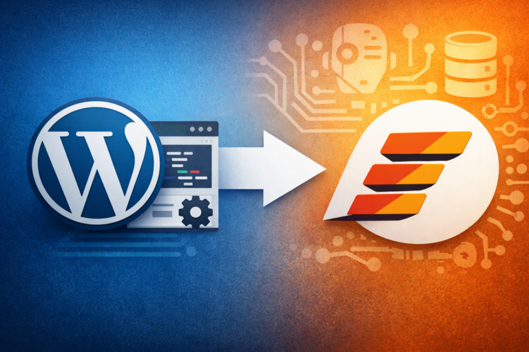 Illustration showing the WordPress logo on the left, an arrow pointing right, and the EmDash logo on the right over a blue-to-orange tech background.