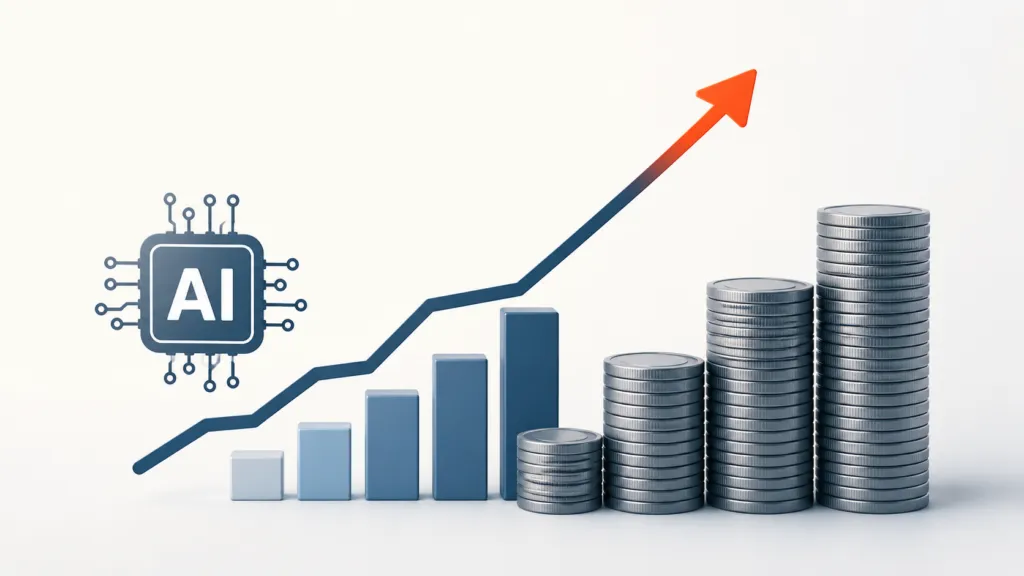 Minimal illustration of an AI chip beside an upward-trending chart and stacked coins.