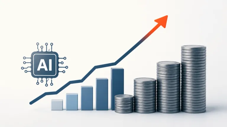 Minimal illustration of an AI chip beside an upward-trending chart and stacked coins.