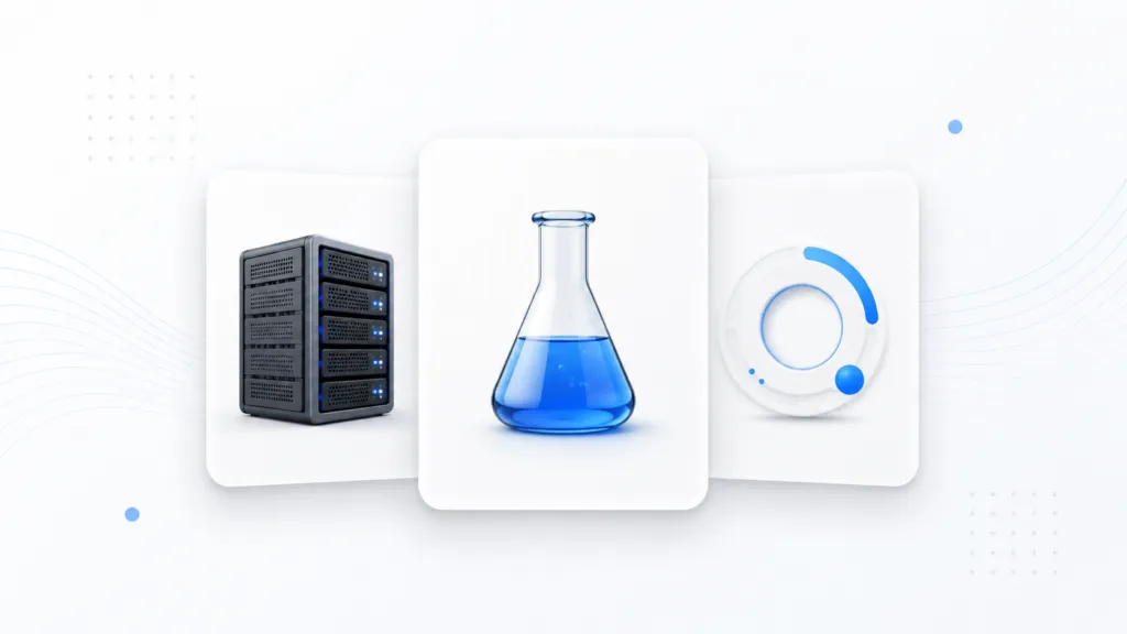 Three overlapping minimalist white cards on a light background showing icons of a server rack, a lab flask with blue liquid, and an abstract circular tech badge with blue accents.
