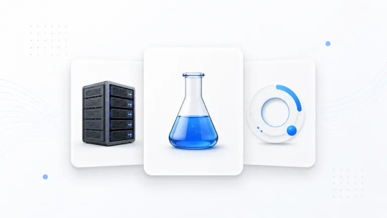 Three overlapping minimalist white cards on a light background showing icons of a server rack, a lab flask with blue liquid, and an abstract circular tech badge with blue accents.