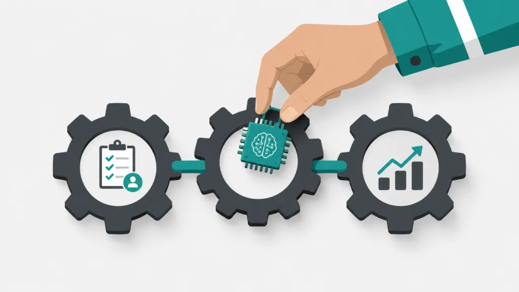 A hand places an AI microchip into the center of three connected gears, representing AI being integrated into business workflows.