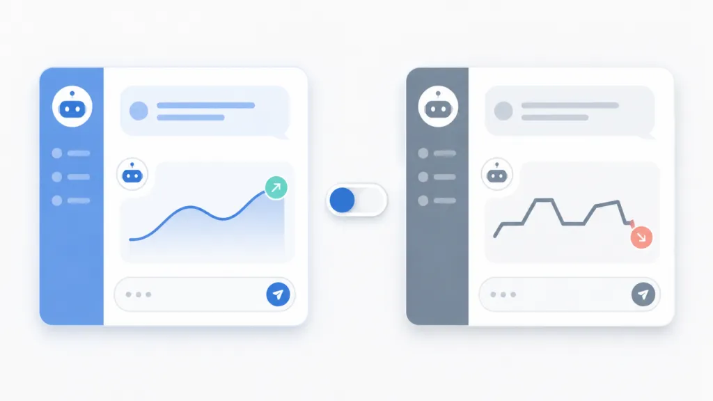 Two side-by-side AI chatbot interface panels with a toggle switch between them; the left shows a smooth rising line with an up arrow, and the right shows a jagged line ending downward with a down arrow.