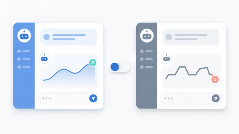Two side-by-side AI chatbot interface panels with a toggle switch between them; the left shows a smooth rising line with an up arrow, and the right shows a jagged line ending downward with a down arrow.