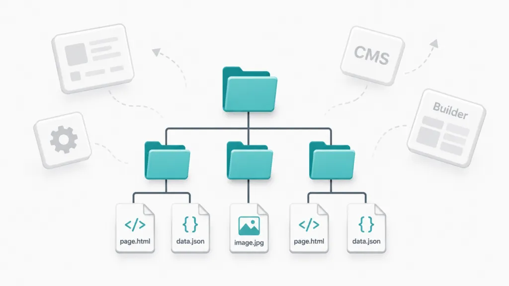Minimal illustration of a website folder tree with HTML and JSON files, while faded “CMS” and “Builder” tiles drift away in the background.