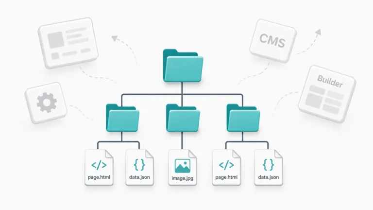Minimal illustration of a website folder tree with HTML and JSON files, while faded “CMS” and “Builder” tiles drift away in the background.