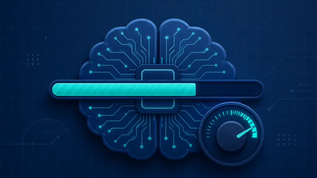Stylized AI brain-chip with a partially filled loading bar and a dial set high on a dark grid background.
