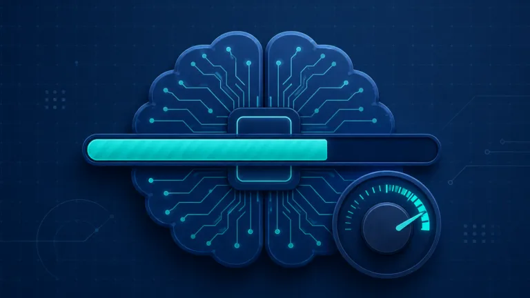 Stylized AI brain-chip with a partially filled loading bar and a dial set high on a dark grid background.