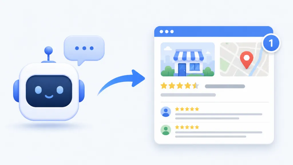 Minimal illustration of a friendly chatbot icon pointing via a curved arrow to a business directory listing page with star ratings, reviews, a map pin, and a small citation badge.