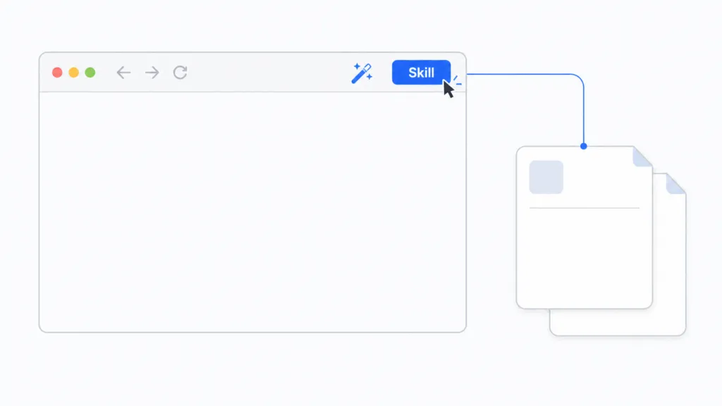 Minimal illustration of a browser window with a blue “Skill” button being clicked, connected by a line to a stack of two document cards.