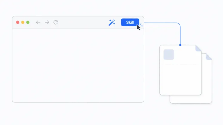 Minimal illustration of a browser window with a blue “Skill” button being clicked, connected by a line to a stack of two document cards.