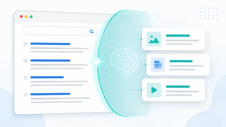 Illustration of a search results page partially covered by a translucent AI lens with circuit lines and a brain icon, with three floating curated result cards on the right.