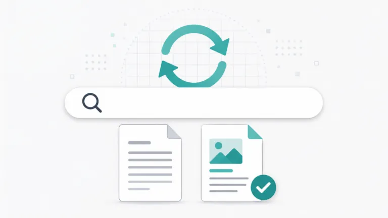 Illustration of a search bar with a refresh/update icon above it and two documents below—one generic and one verified with a checkmark badge.