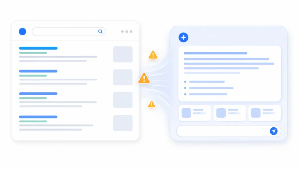 Minimalist illustration of a search results page flowing into a generative AI answer panel, with small warning icons between them.