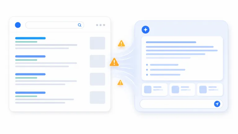 Minimalist illustration of a search results page flowing into a generative AI answer panel, with small warning icons between them.