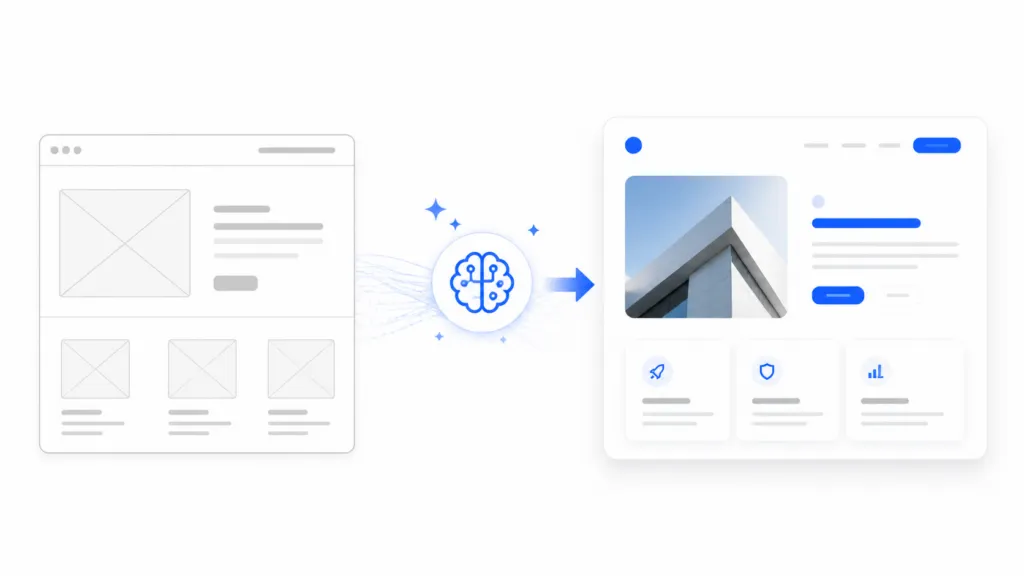 Minimal illustration showing an AI icon transforming a gray website wireframe on the left into a polished blue-accented webpage design on the right, connected by a right-pointing arrow.