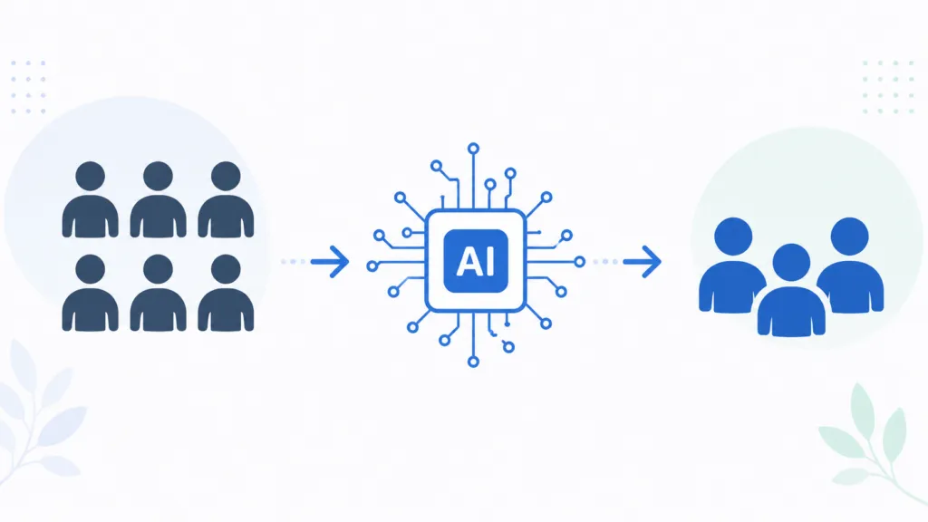 Vector illustration showing six people icons on the left, a central AI microchip icon with arrows, and three people icons on the right, representing AI reducing team size.
