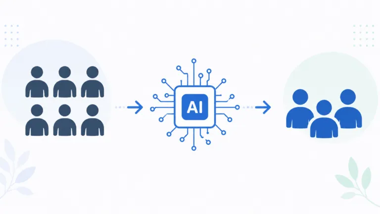Vector illustration showing six people icons on the left, a central AI microchip icon with arrows, and three people icons on the right, representing AI reducing team size.