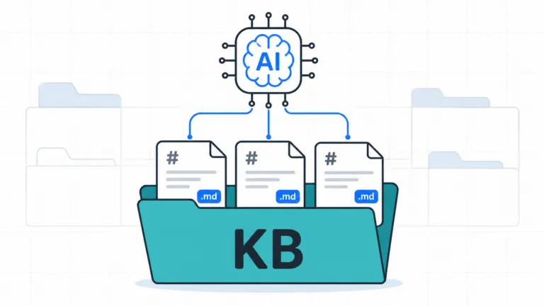 AI chip icon connected to three “.md” documents inside a folder labeled “KB” on a clean, grid-style background.