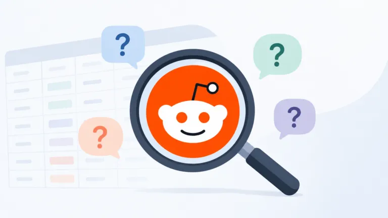 Illustration of a magnifying glass highlighting the Reddit alien icon, surrounded by question-mark chat bubbles, with a faint spreadsheet grid in the background.