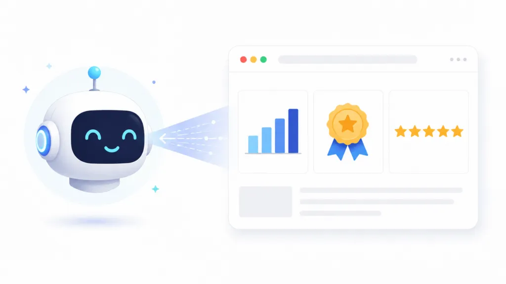 Friendly AI robot reading a website dashboard showing a bar chart, award badge, and five-star reviews.