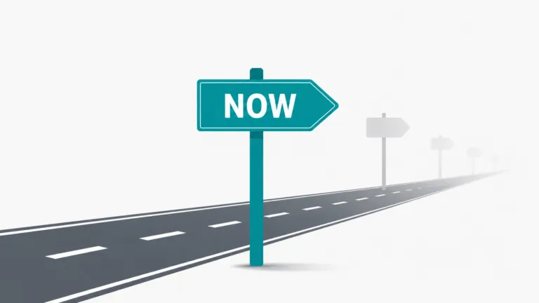 Teal road sign reading “NOW” beside a road that fades into the distance with faint, blurred signposts.
