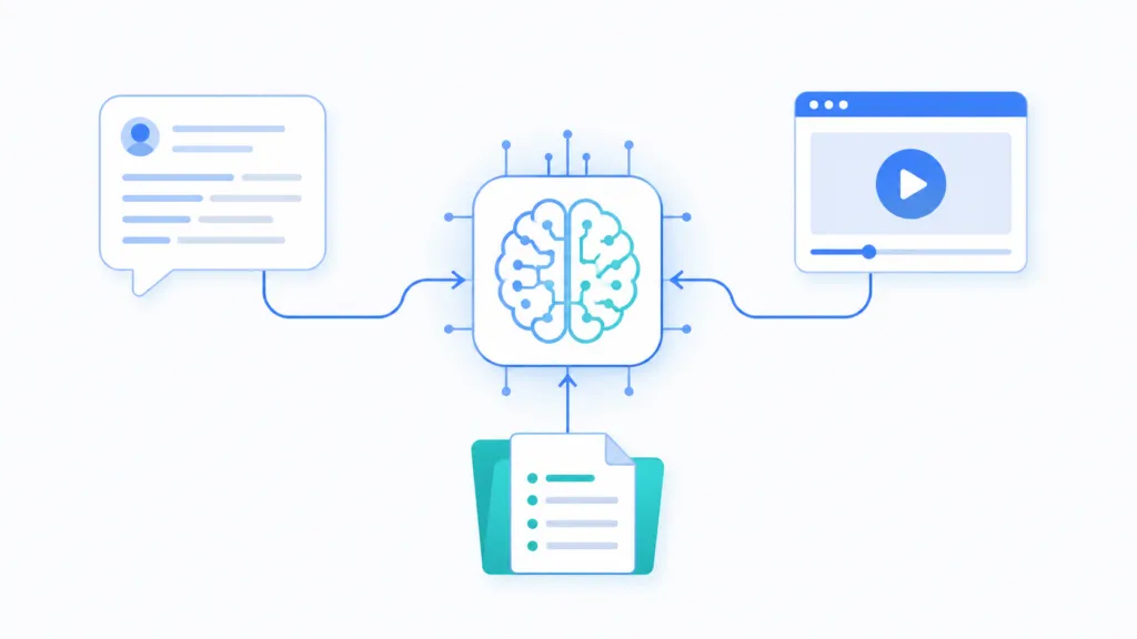 Minimal illustration of three business knowledge sources—a chat transcript, a video SOP player, and a document folder—feeding into a central AI chip/brain via connecting lines.