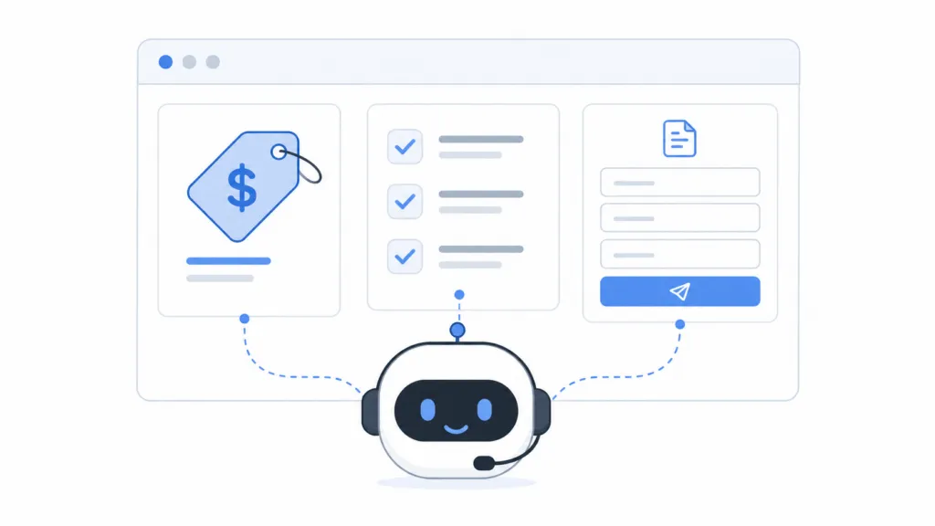 Minimal flat illustration of a friendly AI agent with a headset connected to a browser window showing a price tag, a checklist, and a quote form with a submit button.
