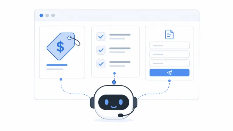 Minimal flat illustration of a friendly AI agent with a headset connected to a browser window showing a price tag, a checklist, and a quote form with a submit button.