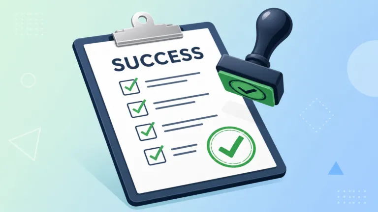 A clipboard titled “SUCCESS” with a checklist of four green checkmarks and a large stamped approval checkmark, with a rubber stamp hovering above on a soft blue-green gradient background.