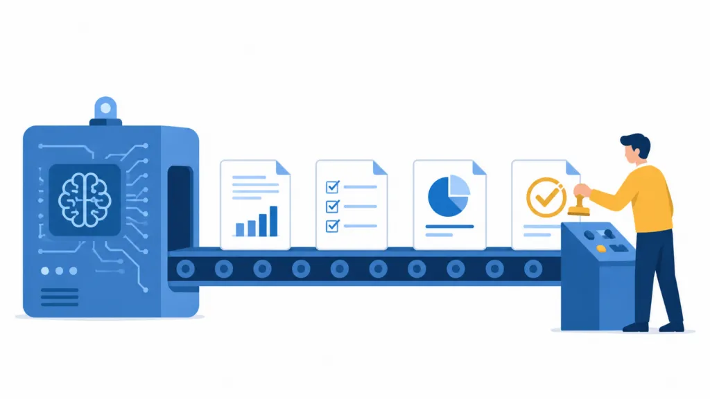 Flat vector illustration of a blue AI machine feeding a conveyor belt of report documents toward a person who stamps the final page with an approval checkmark.